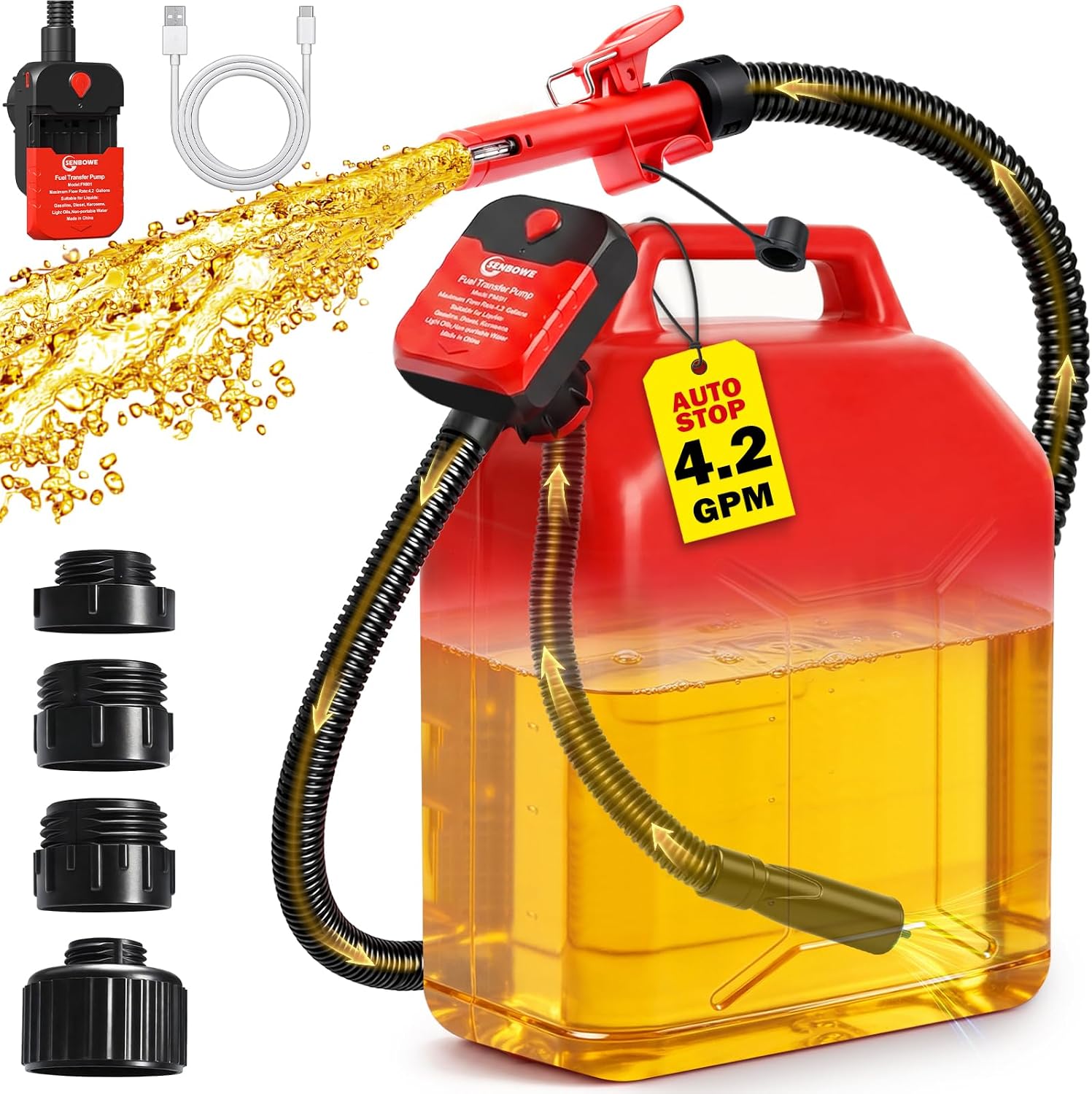 Detalle de Fuel Transfer Pump with Auto-Stop — 4.2 GPM, Battery or USB-Powered, 51" Hose, 4 Adapters