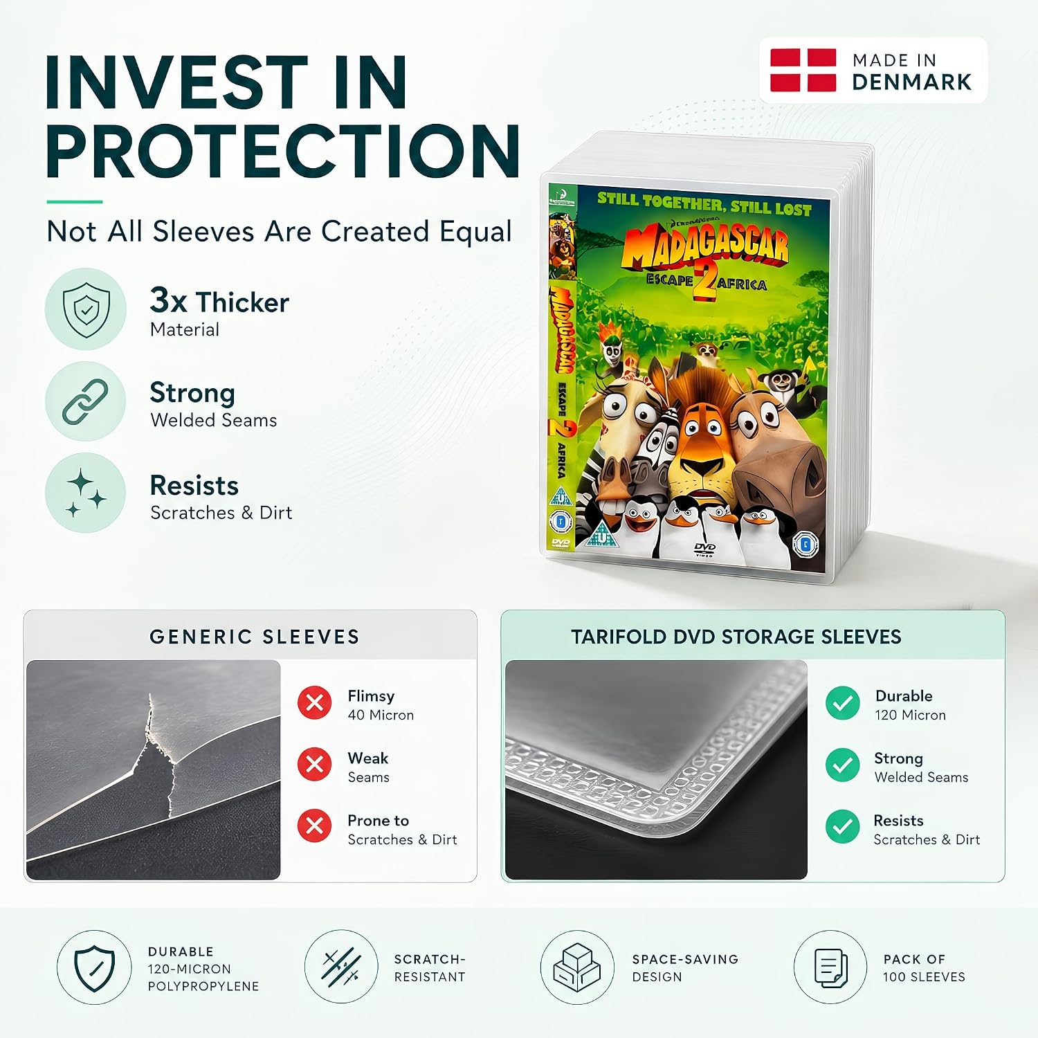 Detalle de Tarifold DVD Storage Sleeves with Secure Flap (Pack of 100) — Durable 120-Micron Polypropylene, Made in Denmark