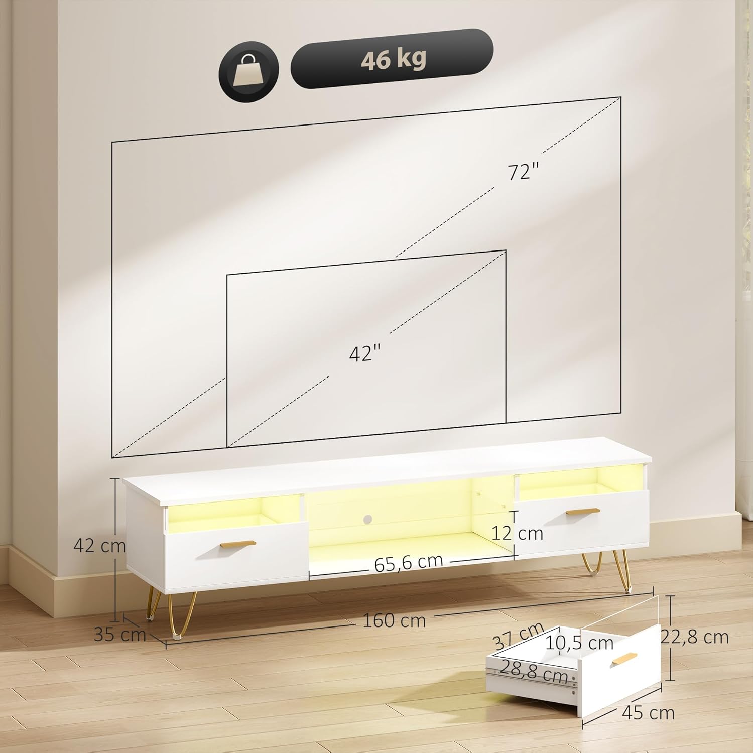 Thumbnail 6 de HOMCOM Meuble TV Blanc avec LED RGB à 16 couleurs, 160 cm – Éclairage d’ambiance et rangement moderne pour TV 42–120 pouces