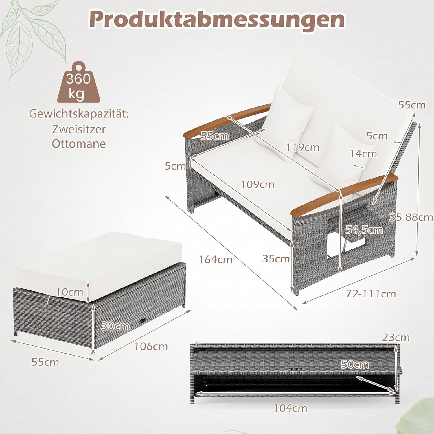 Detalle de COSTWAY Polyrattan Sonnenliege: Verstellbare Rückenlehne, Seitenablage und Doppel-Loungemöbel für Garten und Balkon
