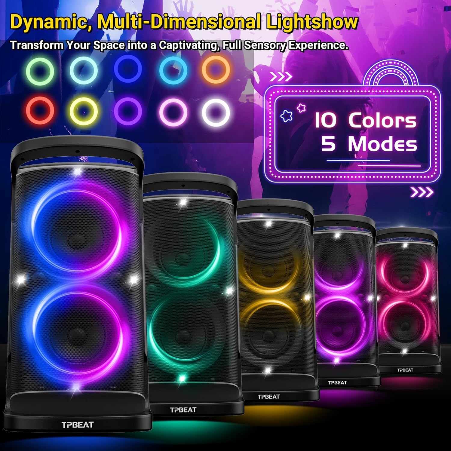 Thumbnail 2 de TPBEAT Portable Bluetooth Party Speaker: 160W Peak Power, Deep Bass & LED Light Show