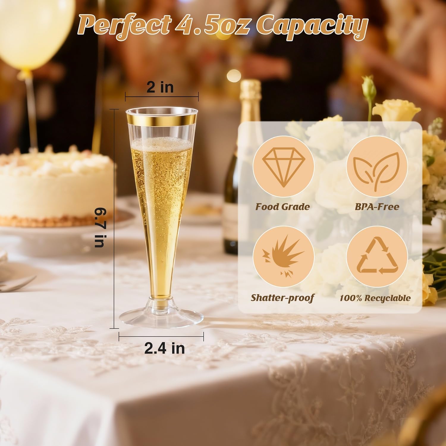 Detalle de Torchero 100 Pack Champagne Flutes: Gold Rim, 4.5oz Disposable Plastic Glasses