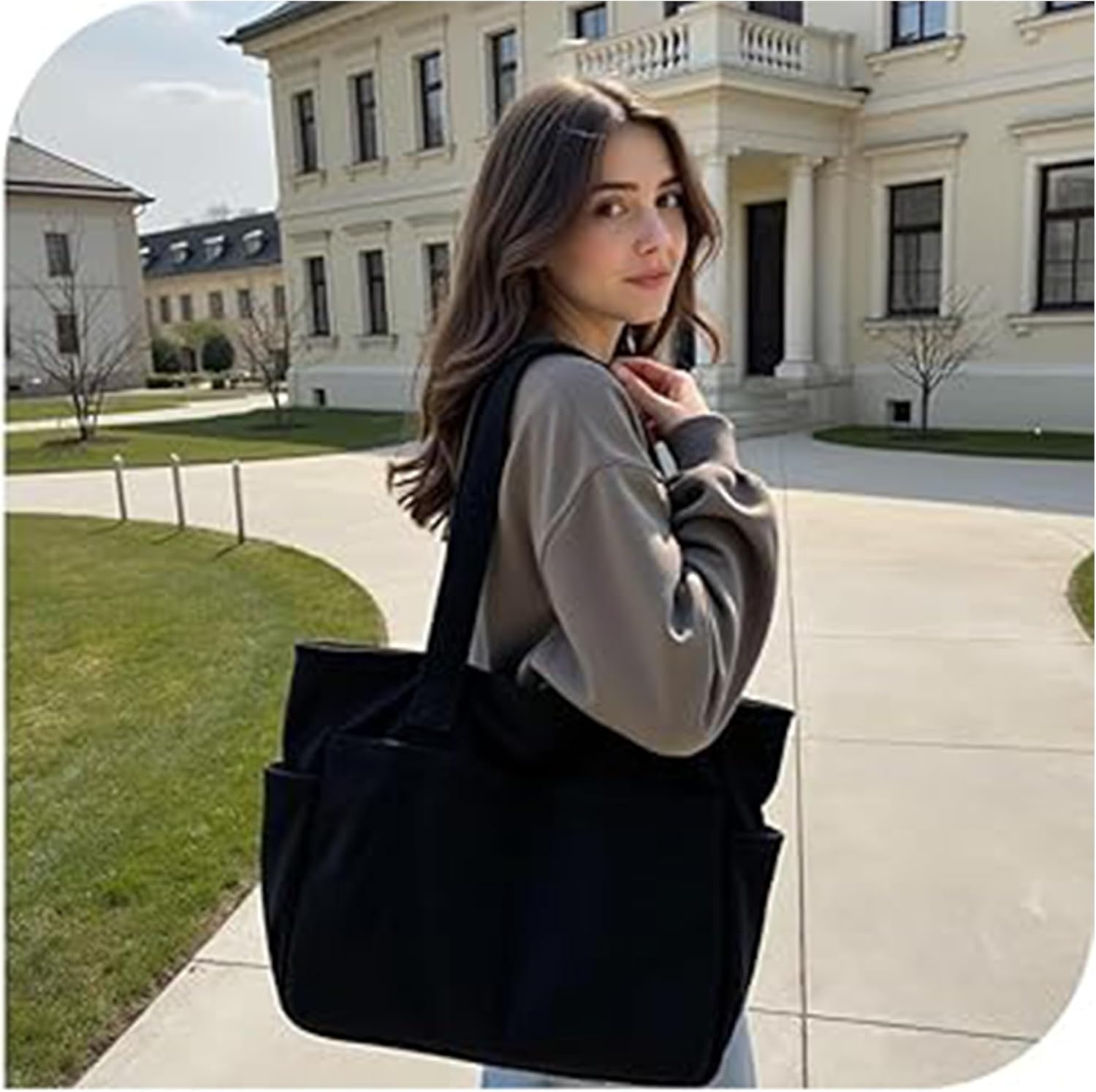 Detalle de LOTEZAVA Cordtasche Damen – Große Strandtasche mit Reißverschluss und Mehrfachtaschen