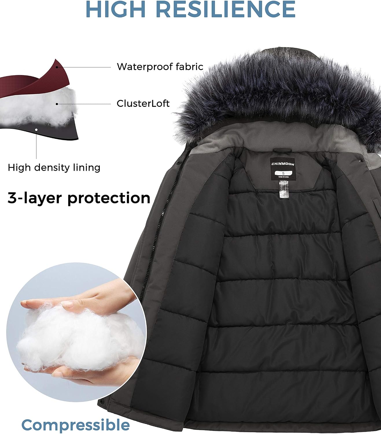 Thumbnail 2 de CHIN·MOON women’s warm puffer jacket – waterproof quilted winter coat with storm hood