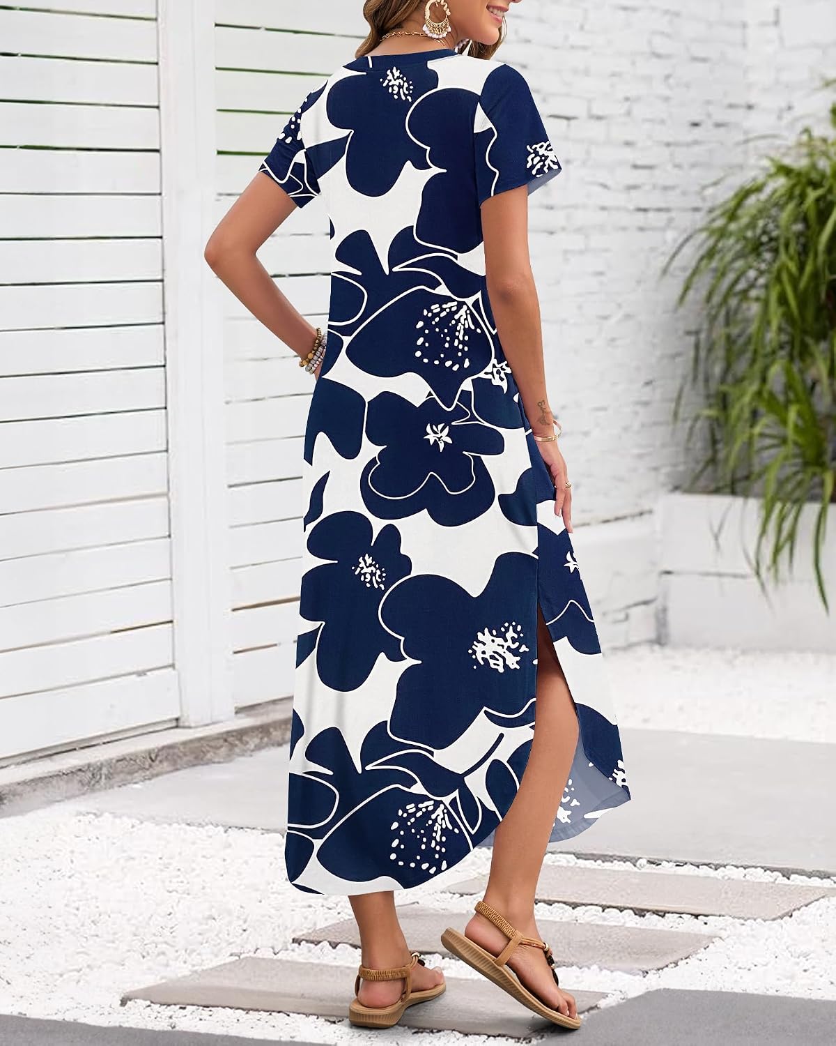 Detalle de MISFAY Women's Summer Maxi Dress with V-Neck, Short Sleeves and Pockets