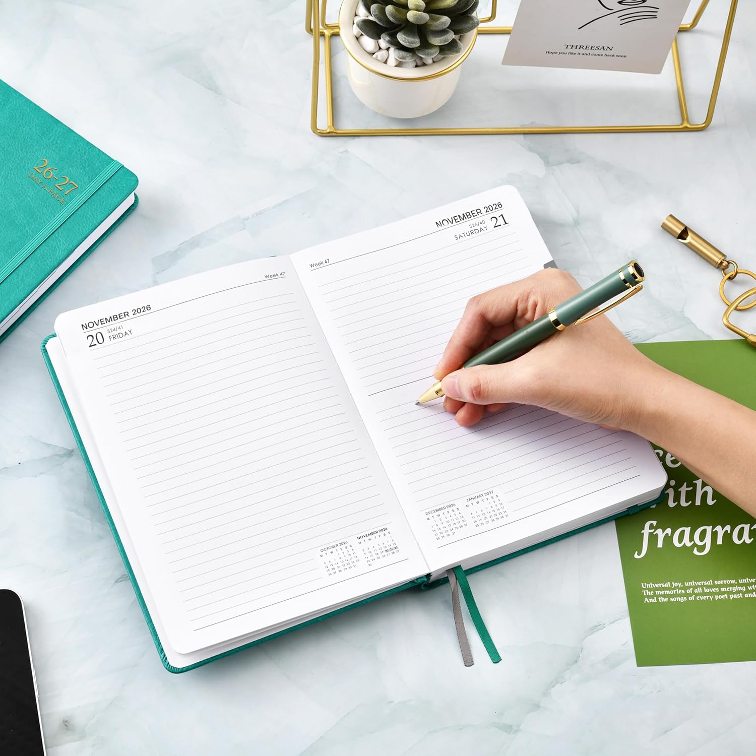 Thumbnail 5 de Academic Diary 2026-2027: Day‑per‑page A5 Diary with 180° flat opening, Green faux leather cover