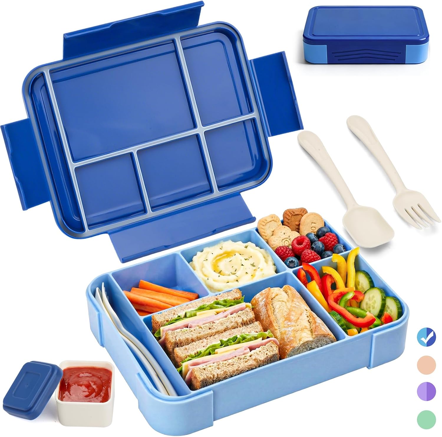 Detalle de BIBURY Brotdose Kinder mit 5 Fächern und Saucenbox, auslaufsicher (1300 ml), BPA-frei, 340 g