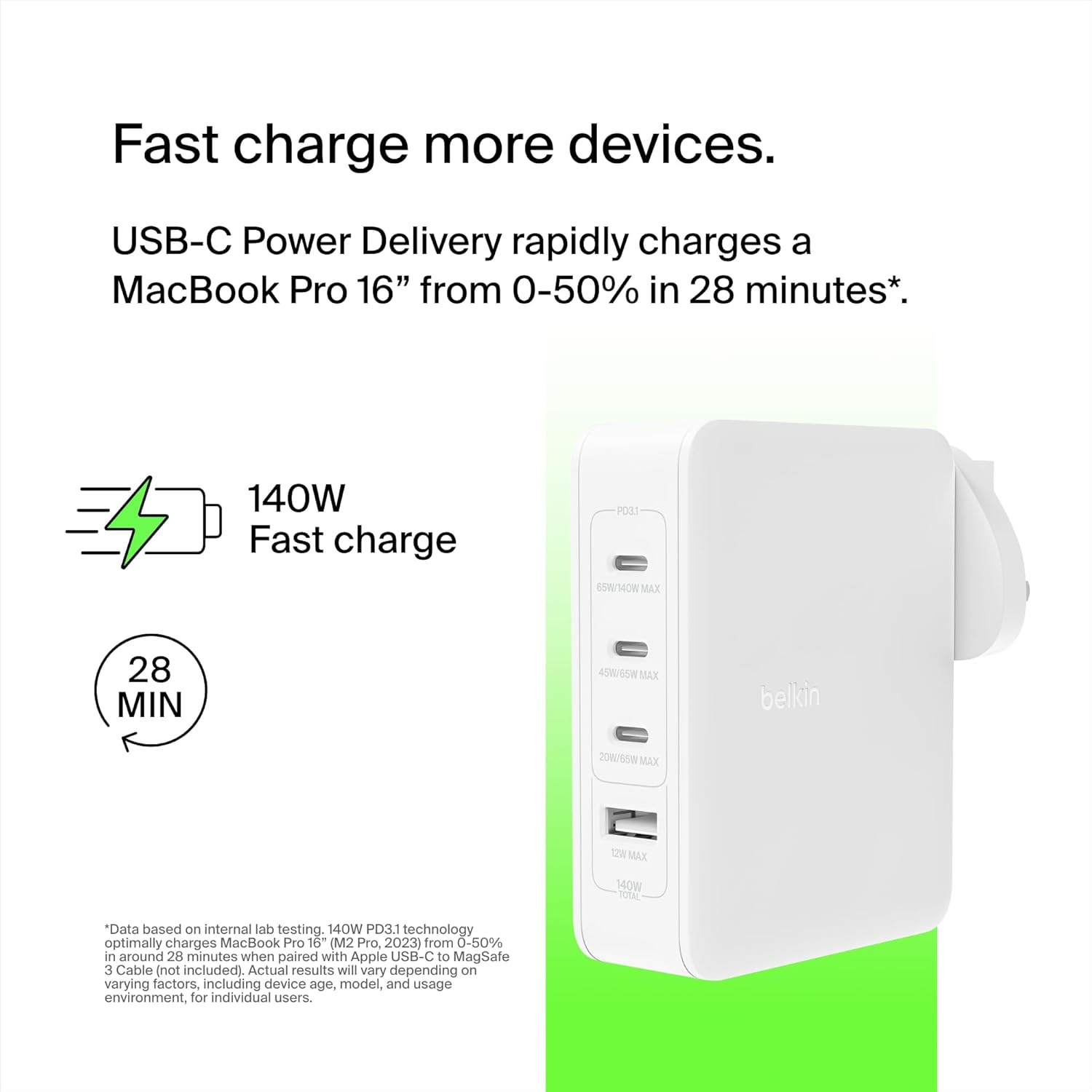 Detalle 2 de Belkin 140W 4-Port GaN Wall Charger — Fast USB-C charger