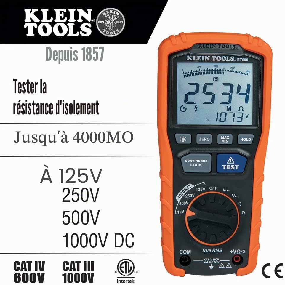 Detalle 2 de Klein Tools ET600 Mégohmmètre — Test d'isolation jusqu’à 4000 MΩ et mesures précis</>