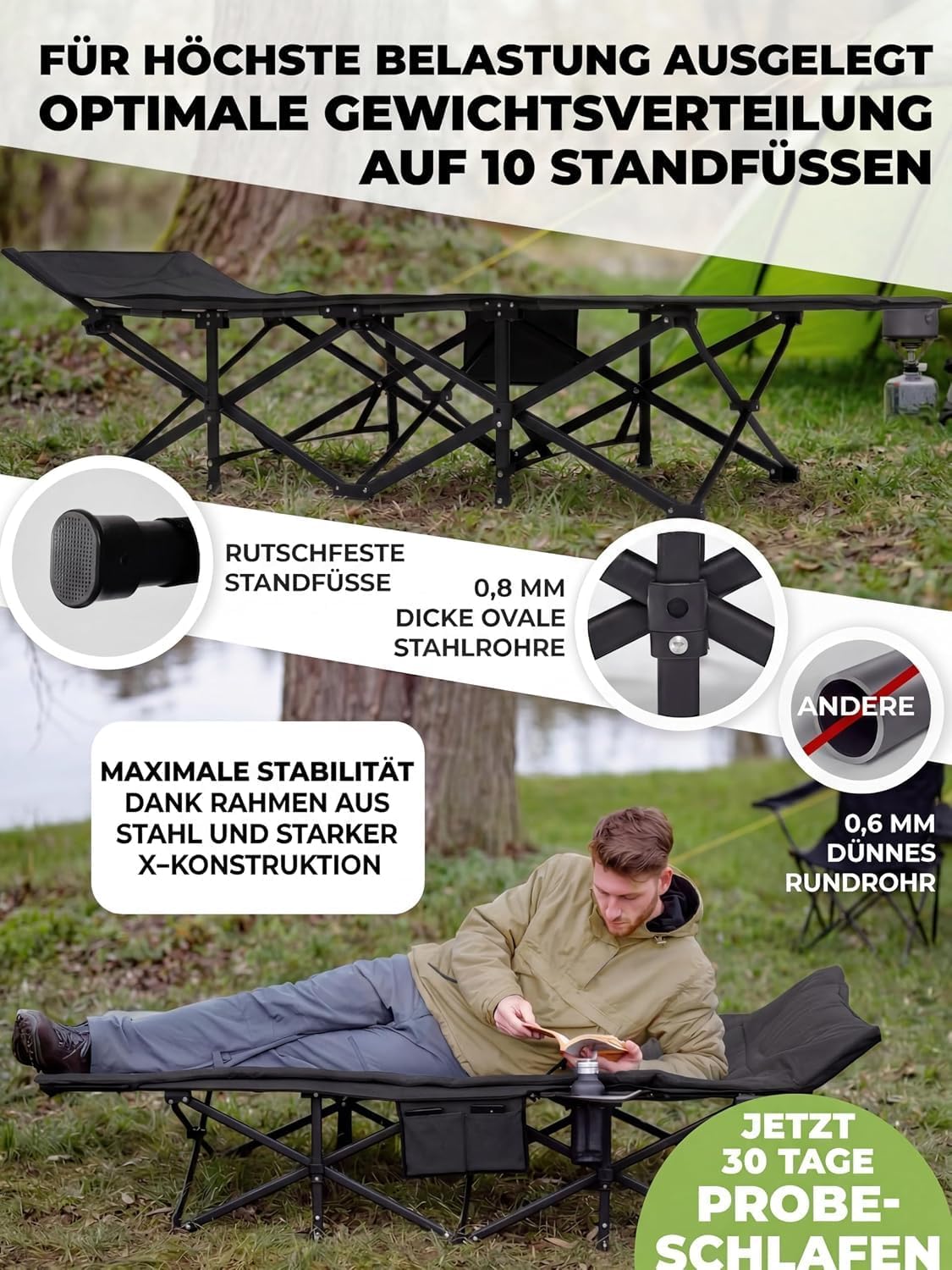 Detalle de NordicTrails Feldbett klappbar in 10 Sekunden aufgebaut – XL Campingbett mit Matratze