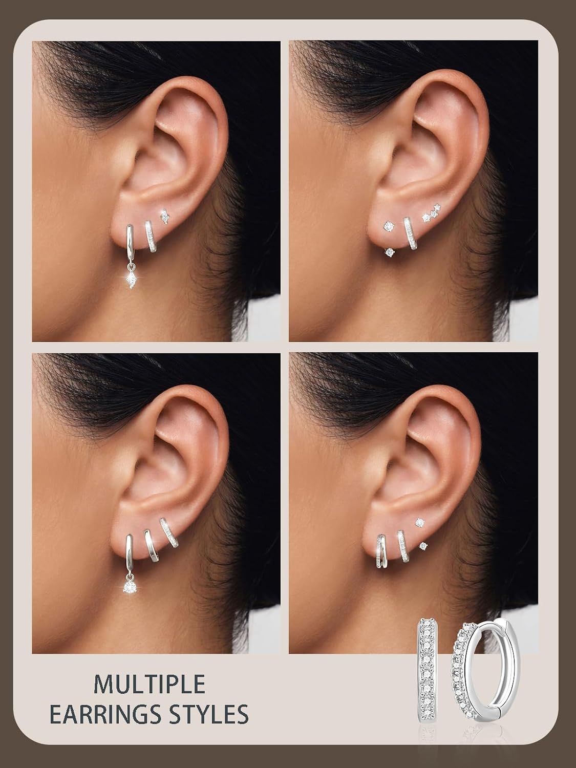 Detalle de 3 Paar Ohrringe Silber 925 Set für Damen – Hypoallergen, Zirkonia-Besatz, vielseitig kombinierbar