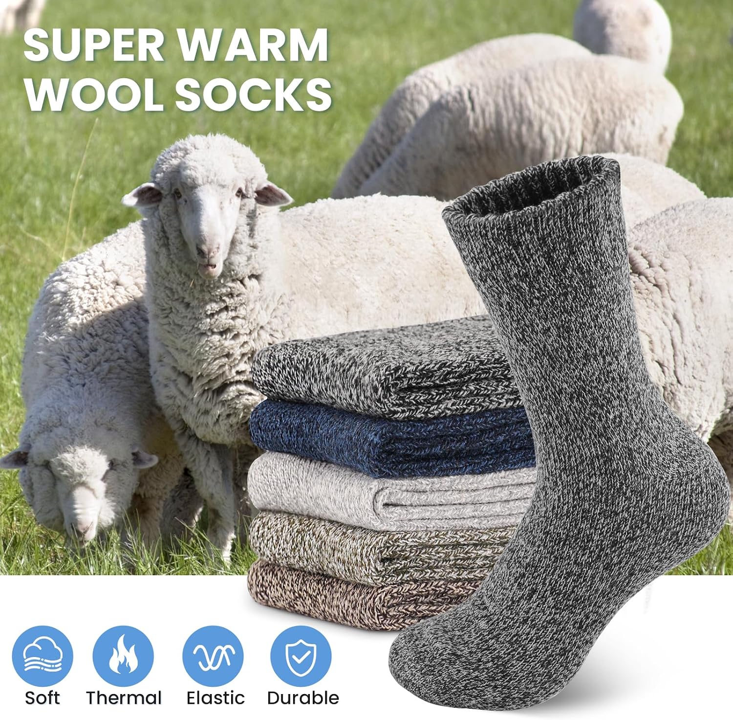 Detalle de SIMIYA mens wool winter socks (5 pairs) – thick thermal knit for boots, ski and hiking