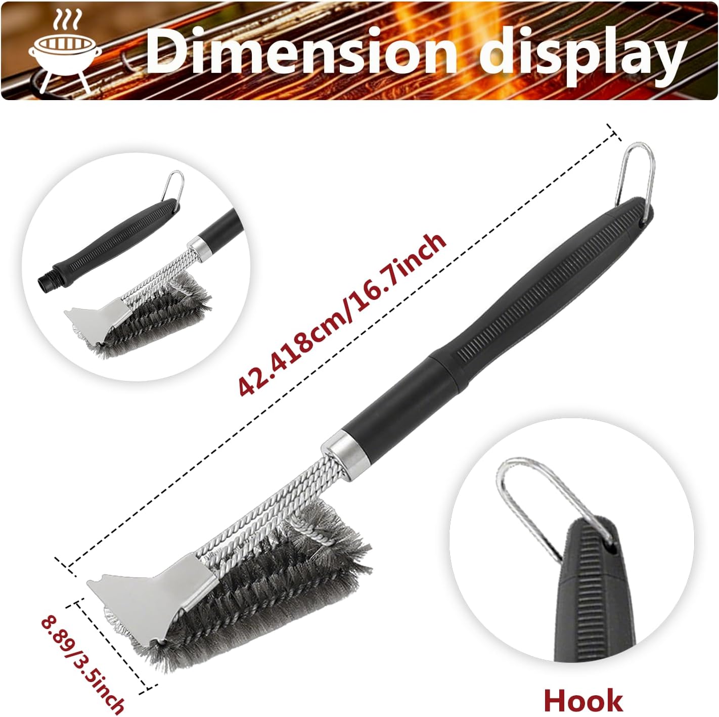 Thumbnail 1 de JIMYIU Kit di Pulizia per Griglie 3 in 1: Spazzola in acciaio inox con raschietto e occhiello, extra lunghe per grill a gas, carbone, elettriche e a sfera