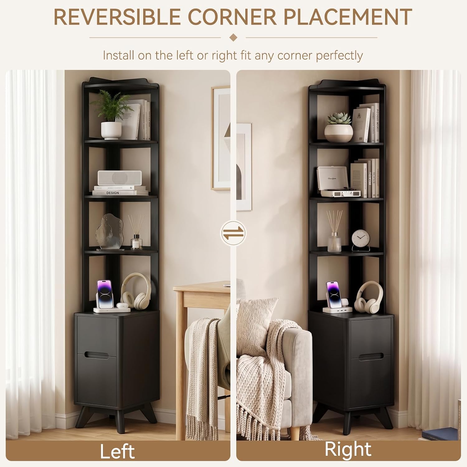 Thumbnail 3 de SOLACE FURNITURE MJZK07 Tall Nightstand Set of 2 with Charging Station