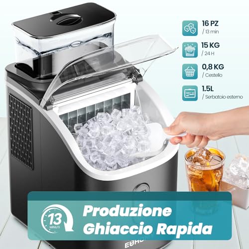 Detalle de EUHOMY Macchina del Ghiaccio Casa 15 kg/24h con 16 cubetti in 13 minuti – Autopulente, serbatoi da 0,5 L e 1,5 L, accessori inclusi