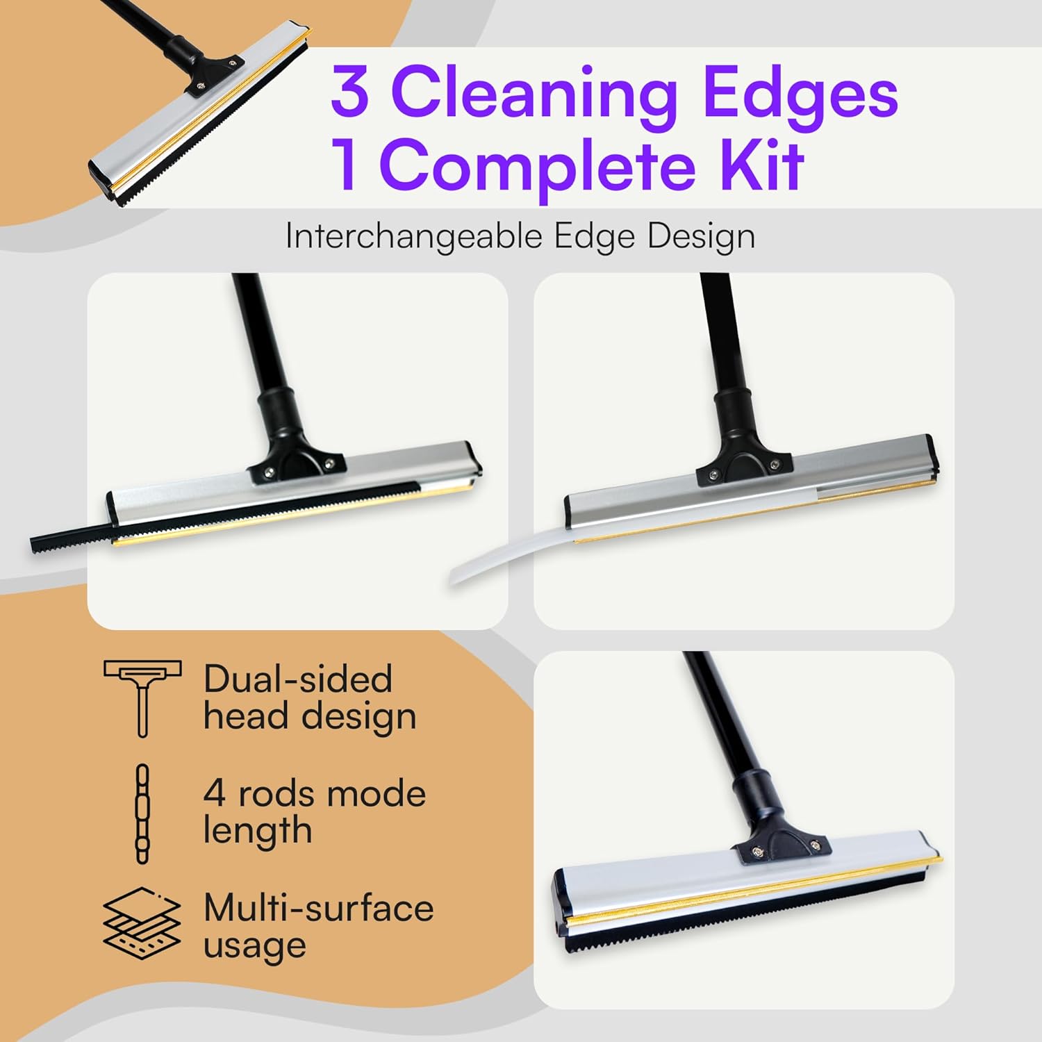 Detalle de Viblii Dual-Edge Pet Hair Carpet Rake and Scraper: a practical all-in-one tool for low-pile carpets