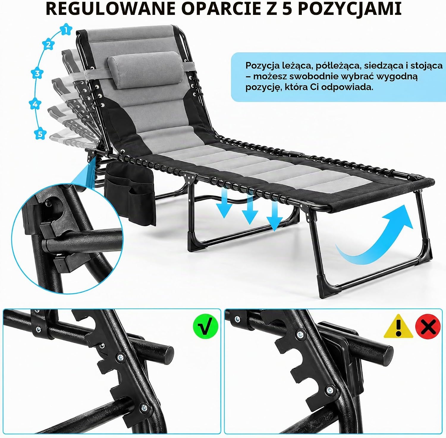 Detalle de LIFERUN HQB-TC-XLM1 leżak składany 199 × 66 cm, regulacja oparcia, do 150 kg