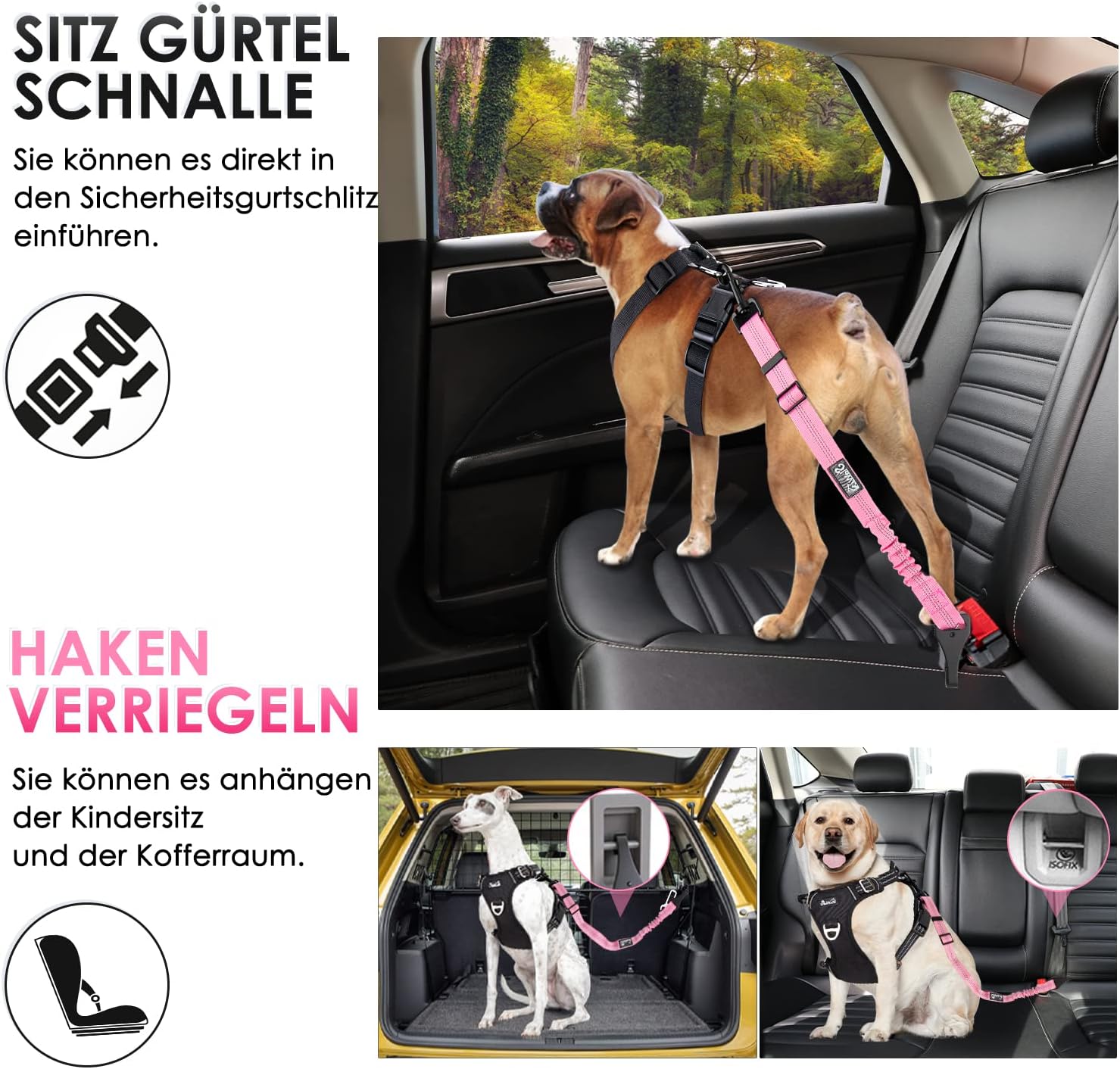 Detalle de Eyein Hunde-Sicherheitsgurt für Auto (3-in-1, reflektierend, 90 cm) – verstellbar mit elastischer Ruckdämpfung, Rosa