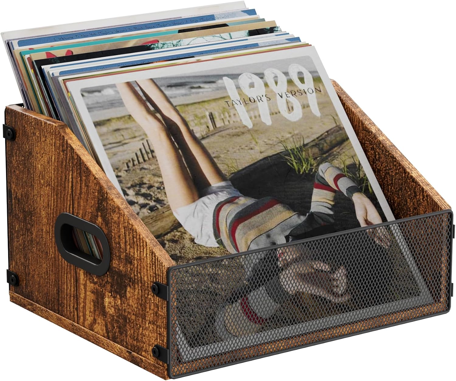 Detalle de Dunatou Vinyl Record Storage Crate, 40-Record Capacity, Rustic Brown & Black