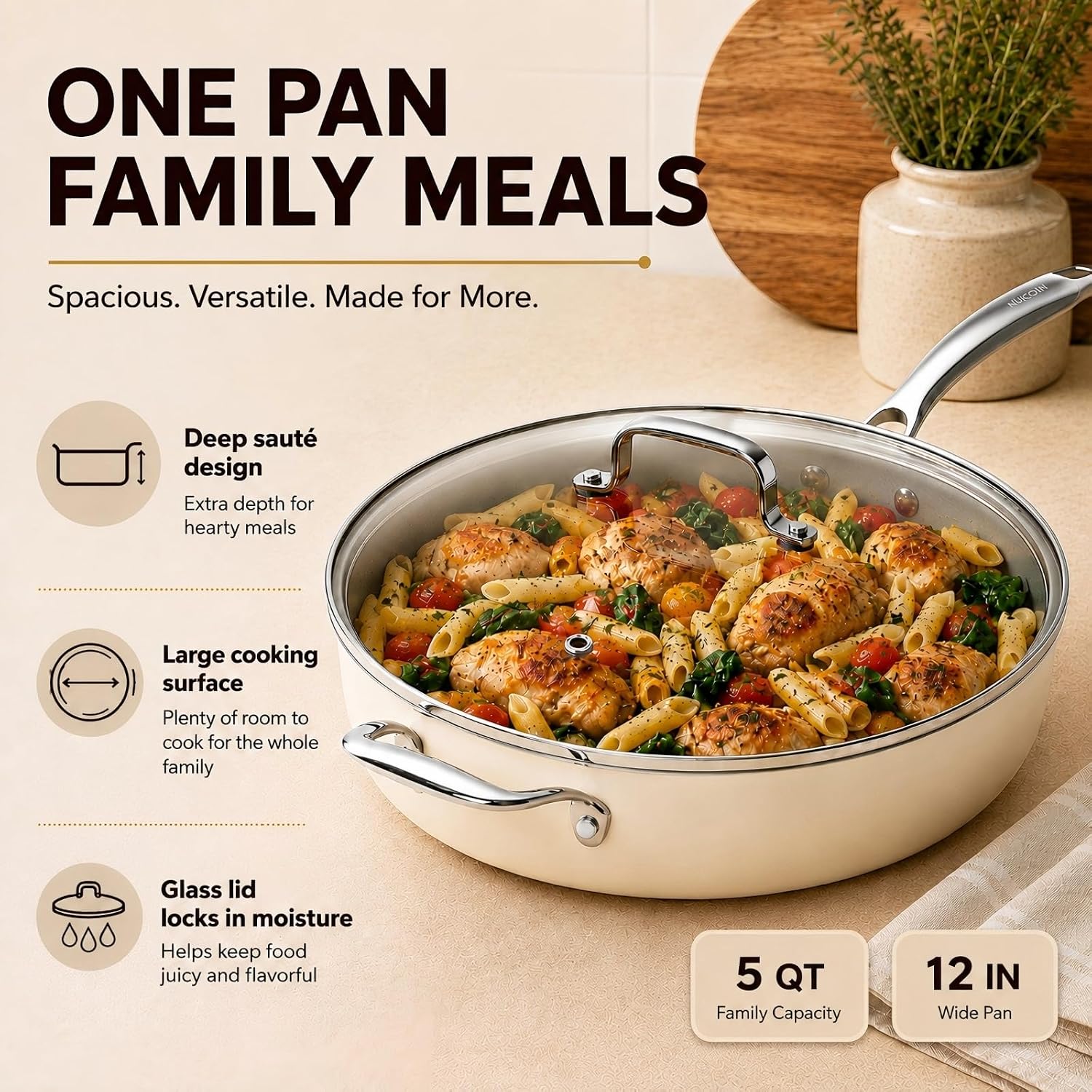 Detalle de Kikcoin 12-Inch Ceramic Nonstick Frying Pan with Lid — 5 Qt Deep Saute Pan for Induction & Oven Use