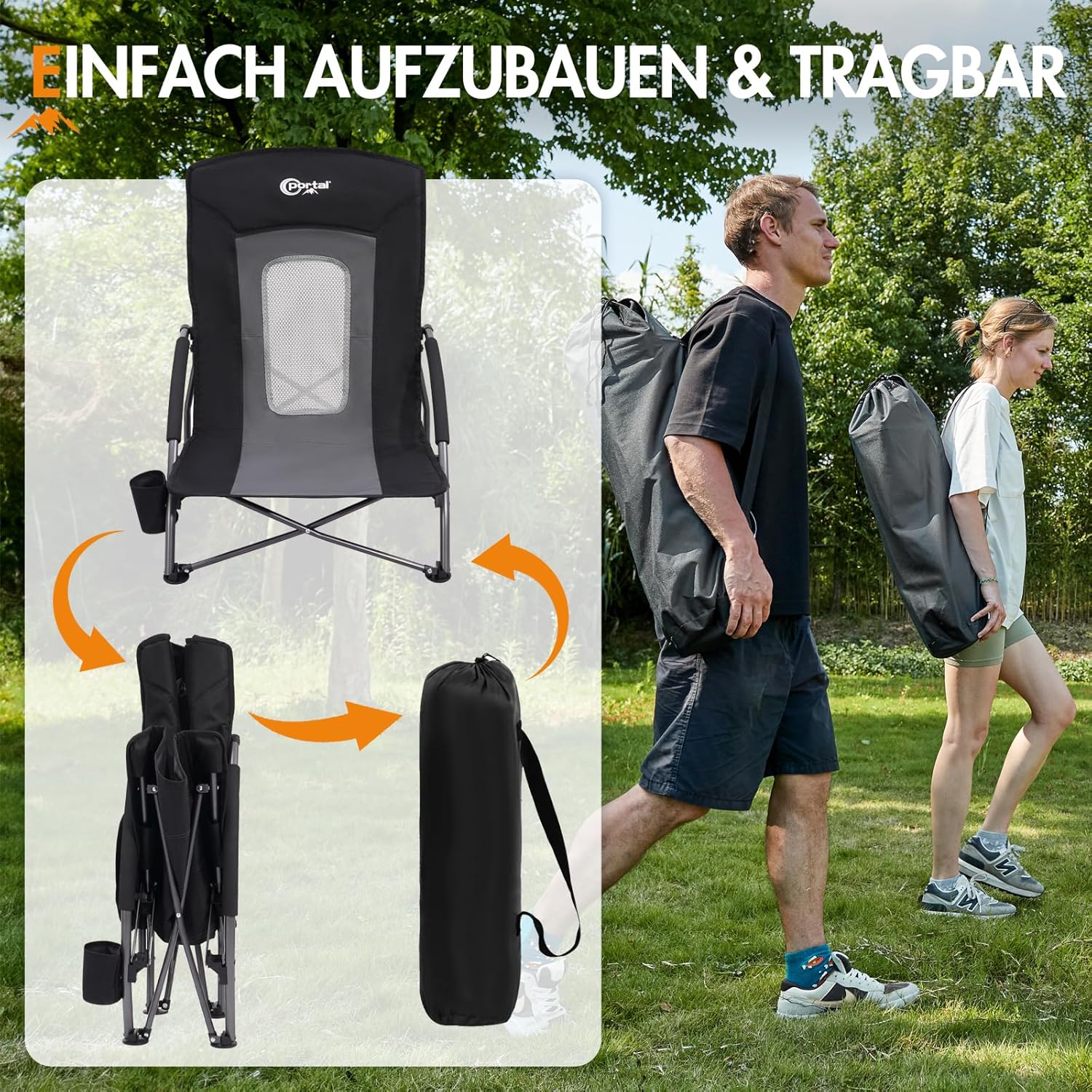 Detalle 2 de PORTAL Strandstuhl klappbar – leichter Campingstuhl mit Tragetasche und Getränkehalter