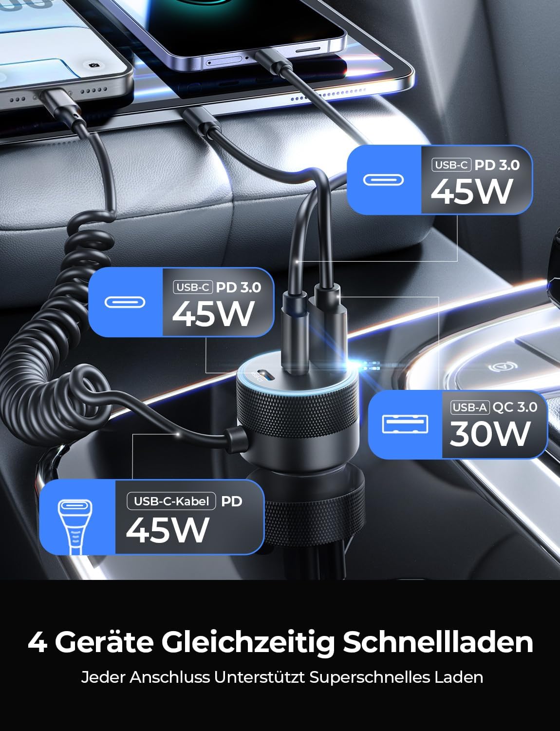 Detalle de LISEN 90W USB-C Auto-Ladegerät Zigarettenanzünder mit 45W Spiralkabel – 4 Ports, sicher und ordentlich
