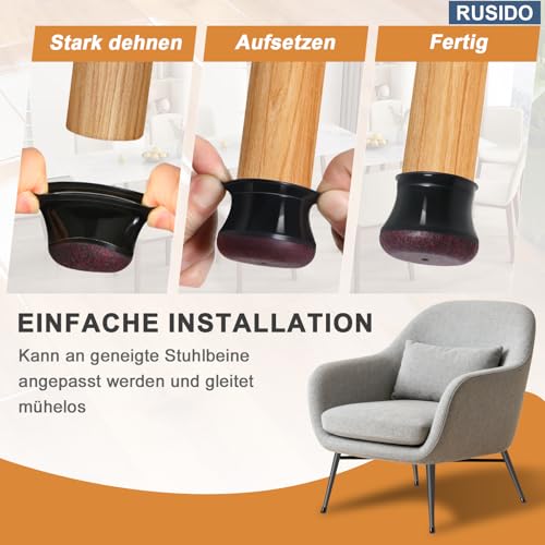 Detalle de RUSIDO 24 Stuhlbeinkappen Schwarz - Gummi, Filzgleiter für Stühle (Fit 14–20 mm)