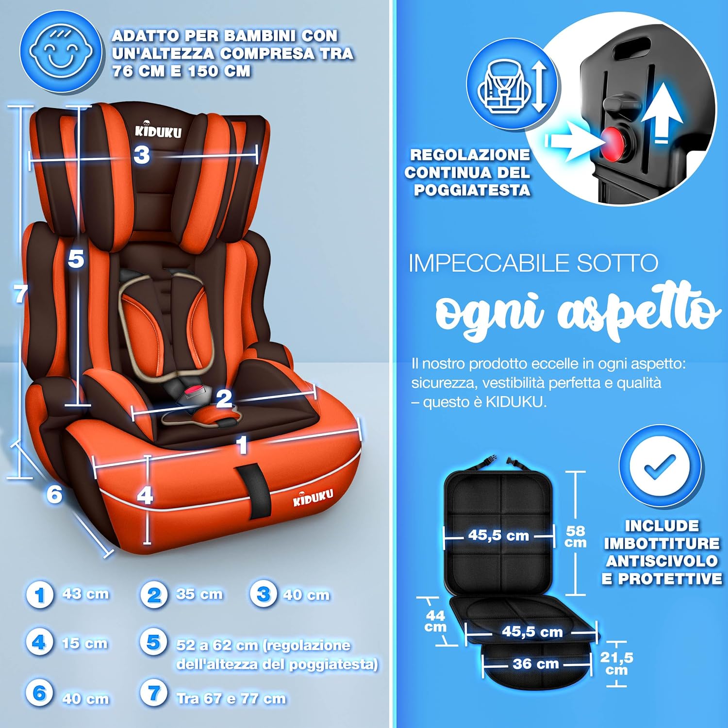 Detalle de KIDUKU seggiolino auto con coprisedile ECE R129/03 9-36 kg (1-12 anni) gruppo 1+2+3 marrone/arancione