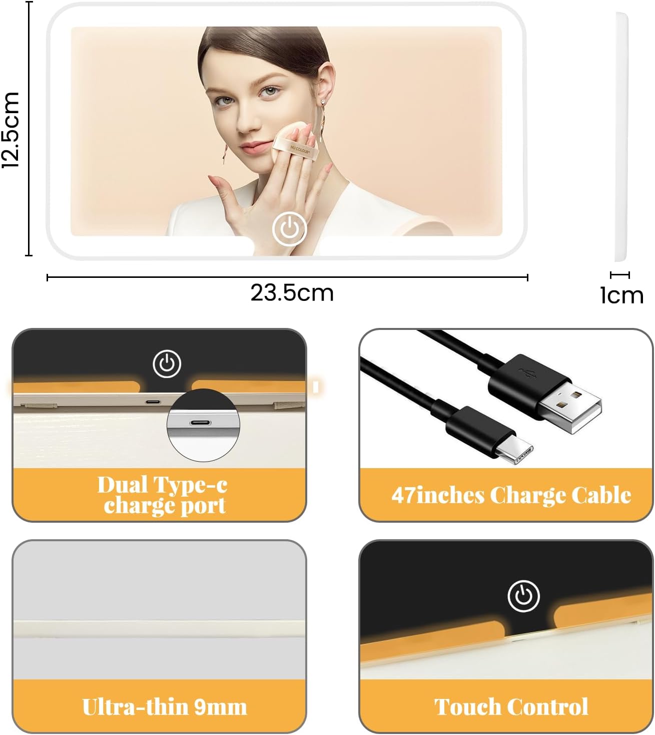 Detalle de LED Car Vanity Mirror with Lights (3 colour temperatures) for car sun visors – White, touch control & rechargeable