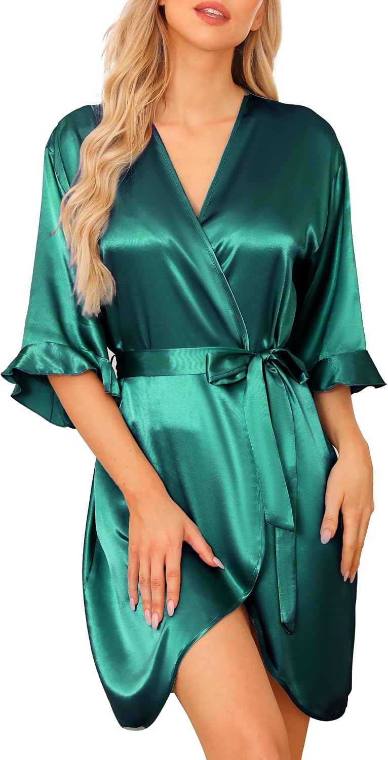 Wikoan Peignoir Satin Femme – Robe de Chambre Kimono Court en Satin 100% polyester