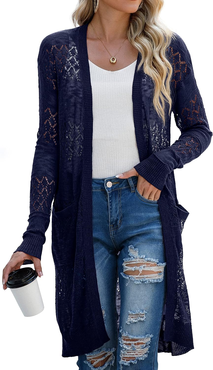 Thumbnail 6 de GRECERELLE Damen Sommer-Strickjacke lang mit Lochmuster (offen, leichter Cardigan)