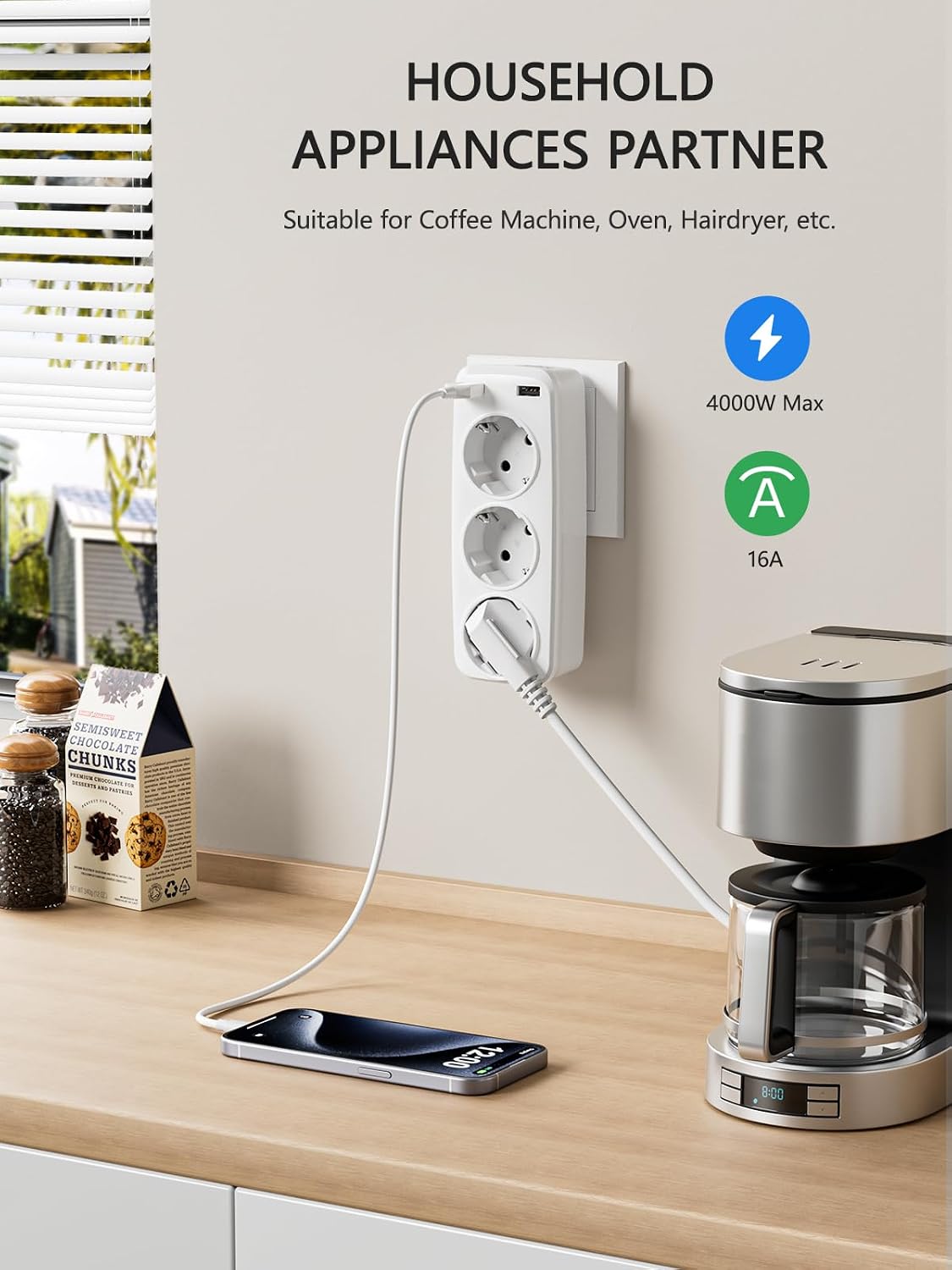 Detalle de LENCENT PAWEIYA-USB4000-3S2U stopcontactadapter met 3 geaarde aansluitingen en 2 USB-poorten