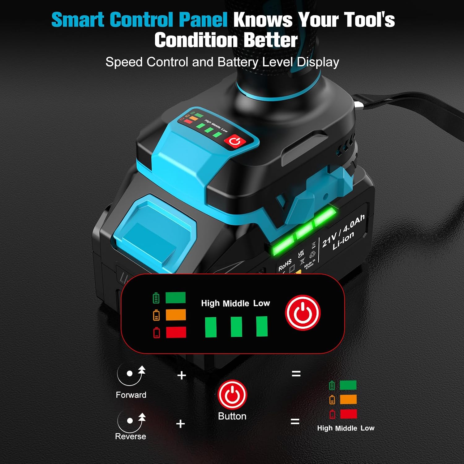 Detalle de BETENST Cordless Impact Wrench 1000N.m (1/2"), 21V Brushless Impact Driver with Battery and Sockets
