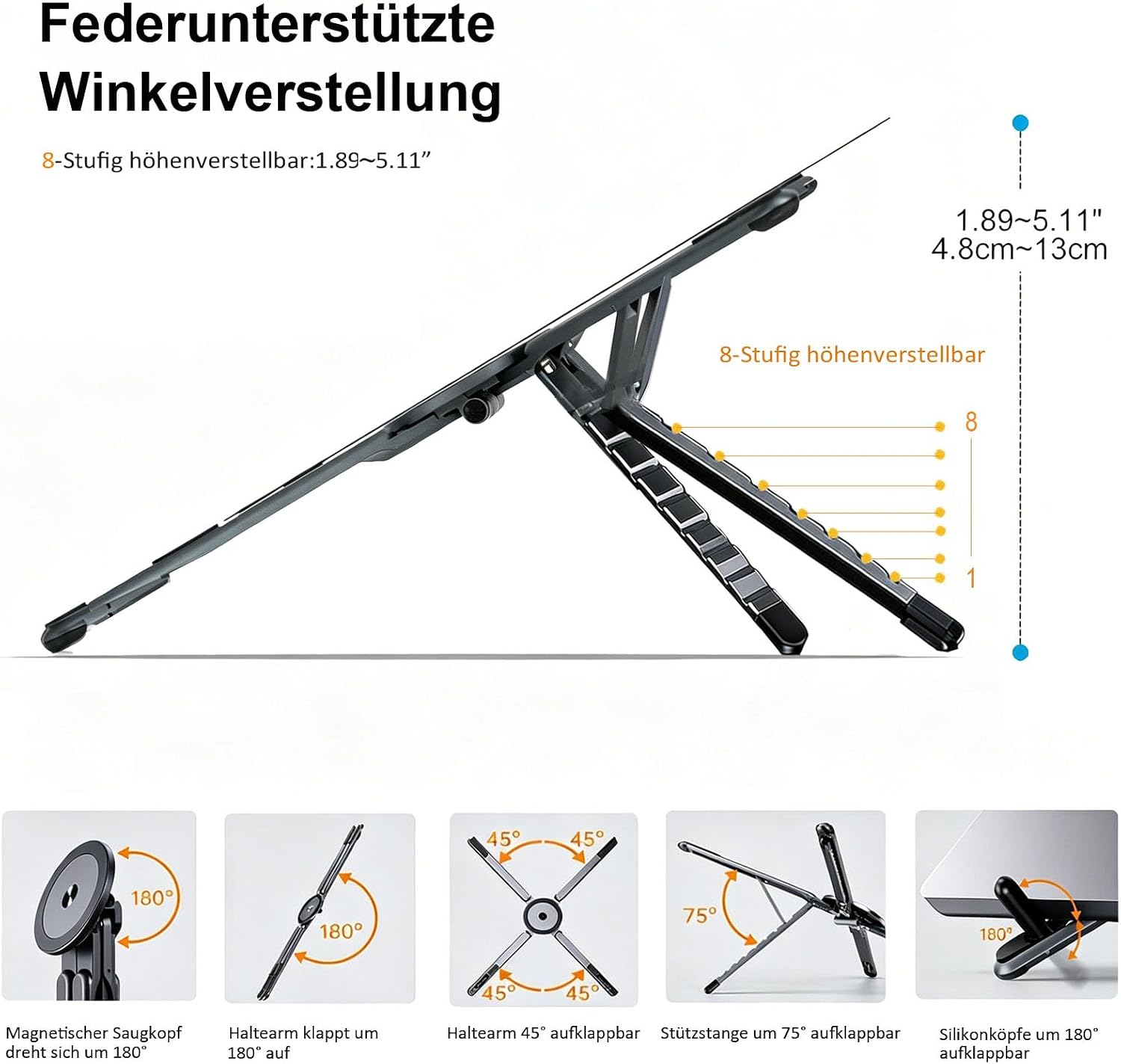 Detalle de Magnetischer 3-in-1 Laptopständer & Tablet-Ständer aus Aluminium – kompakt, flexibel und reisefreundlich (Dunkelblau)