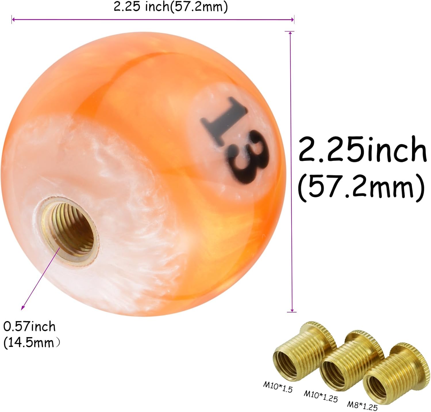 Thumbnail 3 de Temzzer Gear Shifter Knob (Billiard Shapes) Resin Shift Stick Lever Handle – White/Orange, 13