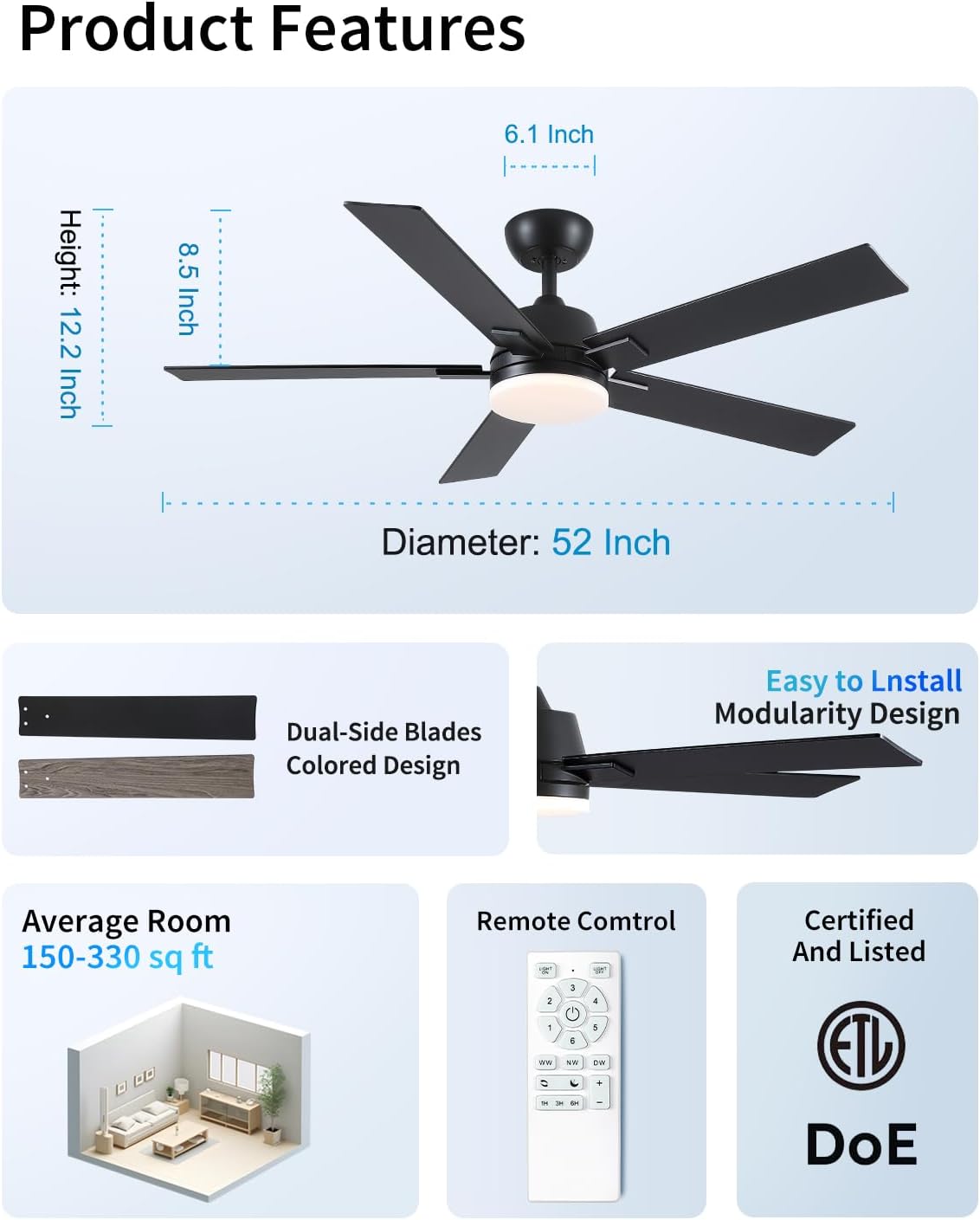 Thumbnail 6 de Rayqueen 52-Inch Black Ceiling Fan with Lights and Remote