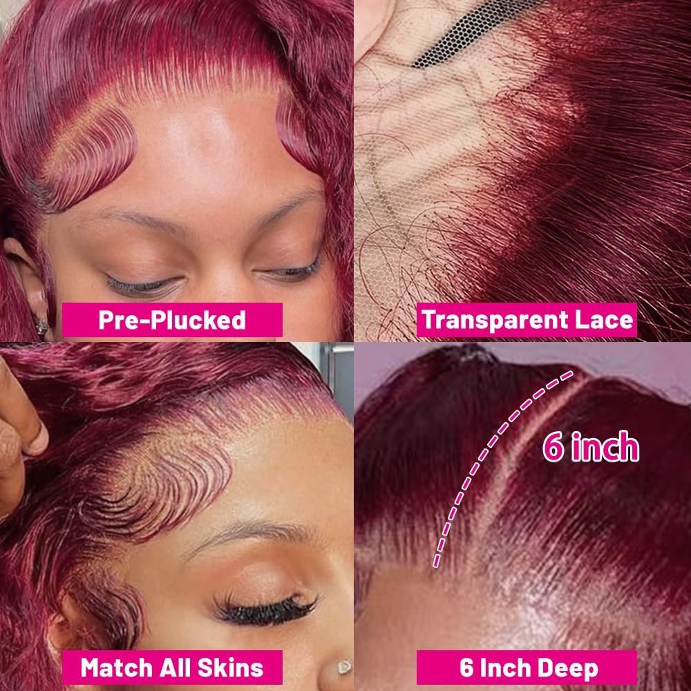 Thumbnail 4 de VAIDSOUE 250 Density Burgundy Deep Wave Lace Front Wig (30 Inch) — 13x6 HD Transparent Lace, Pre Plucked