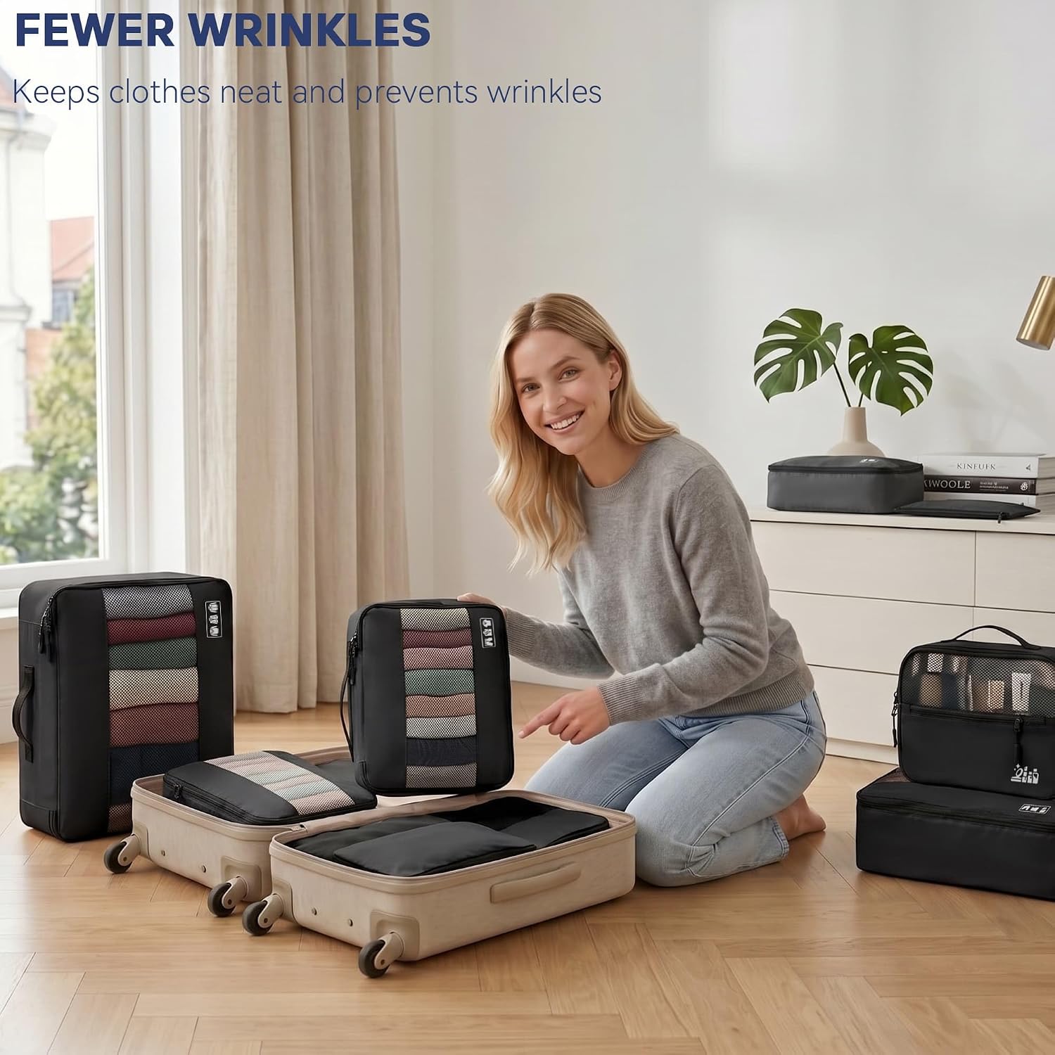 Detalle de MURISE Koffer Organizer 8-teilig: Packing Cubes & Taschen-Set für Urlaub und Reisen, Schwarz