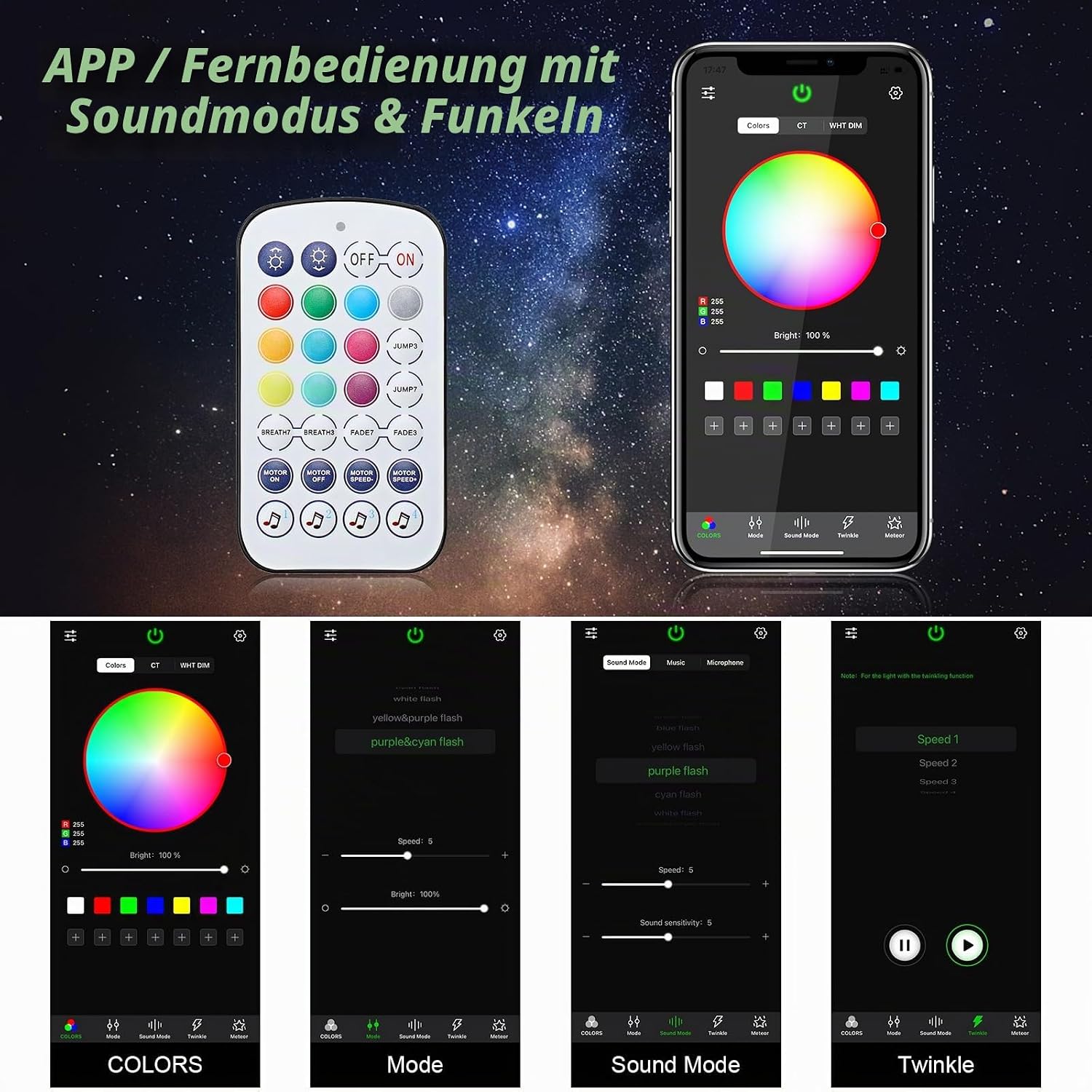 Detalle de CHINLY 6W Twinkle Sternenhimmel Glasfaser Kit – RGBW Bluetooth, Musikaktivierung, Auto/Deckenmontage