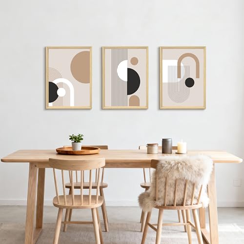 Detalle de 3 Pcs Mediados Siglo Geométrico: Líneas y Cuadros con Marco – Blanco/Marrón (40x60 cm) de FajerminArt