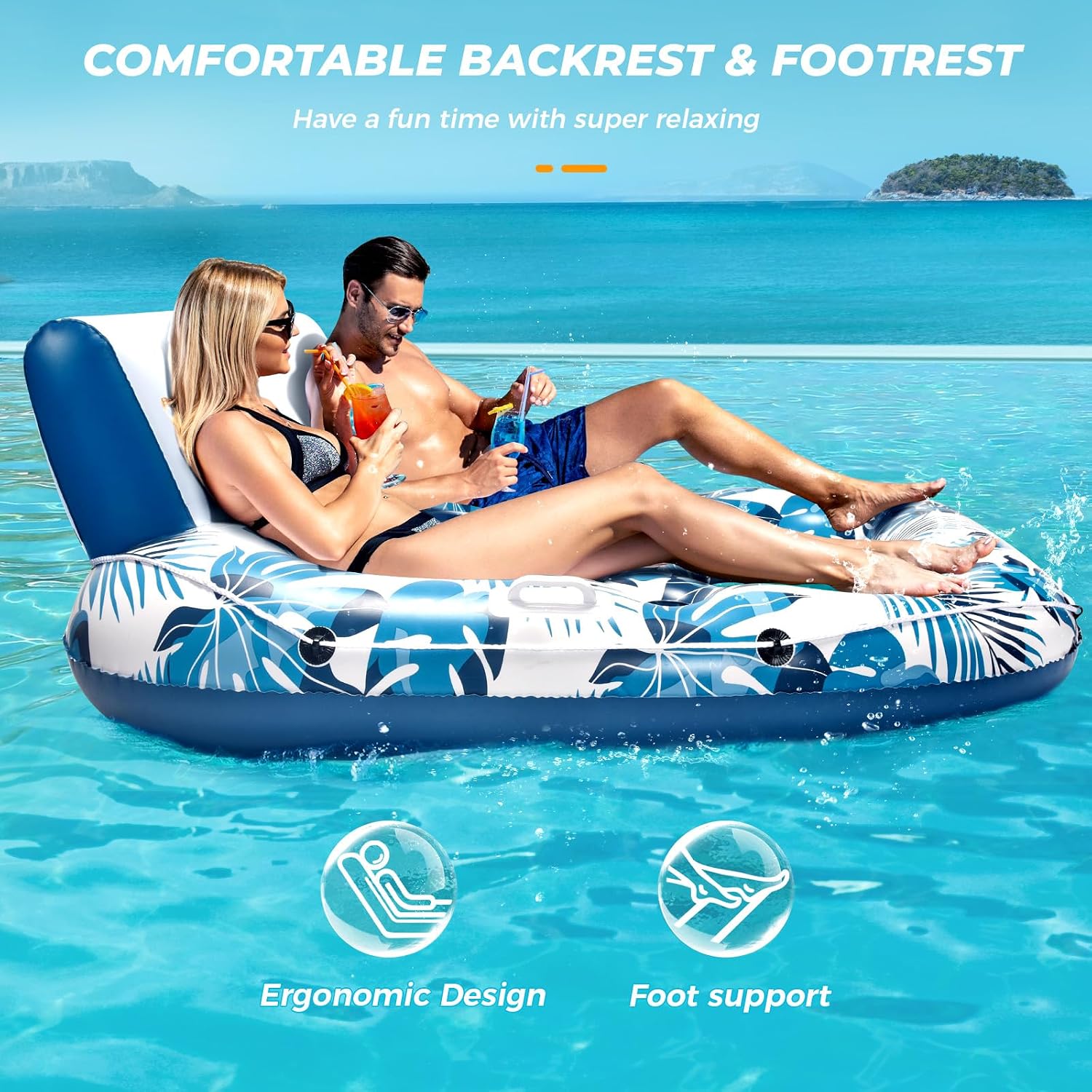 Detalle de JCLEAL 2-Person Pool Floats: Extra Large Inflatable Lounger with Backrest and Cup Holders
