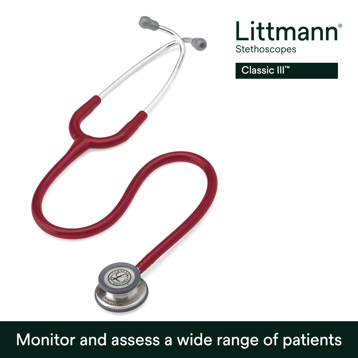 Detalle de Littmann Classic III 5627 stetoskop med vinröd slang och bröststycke i rostfritt stål