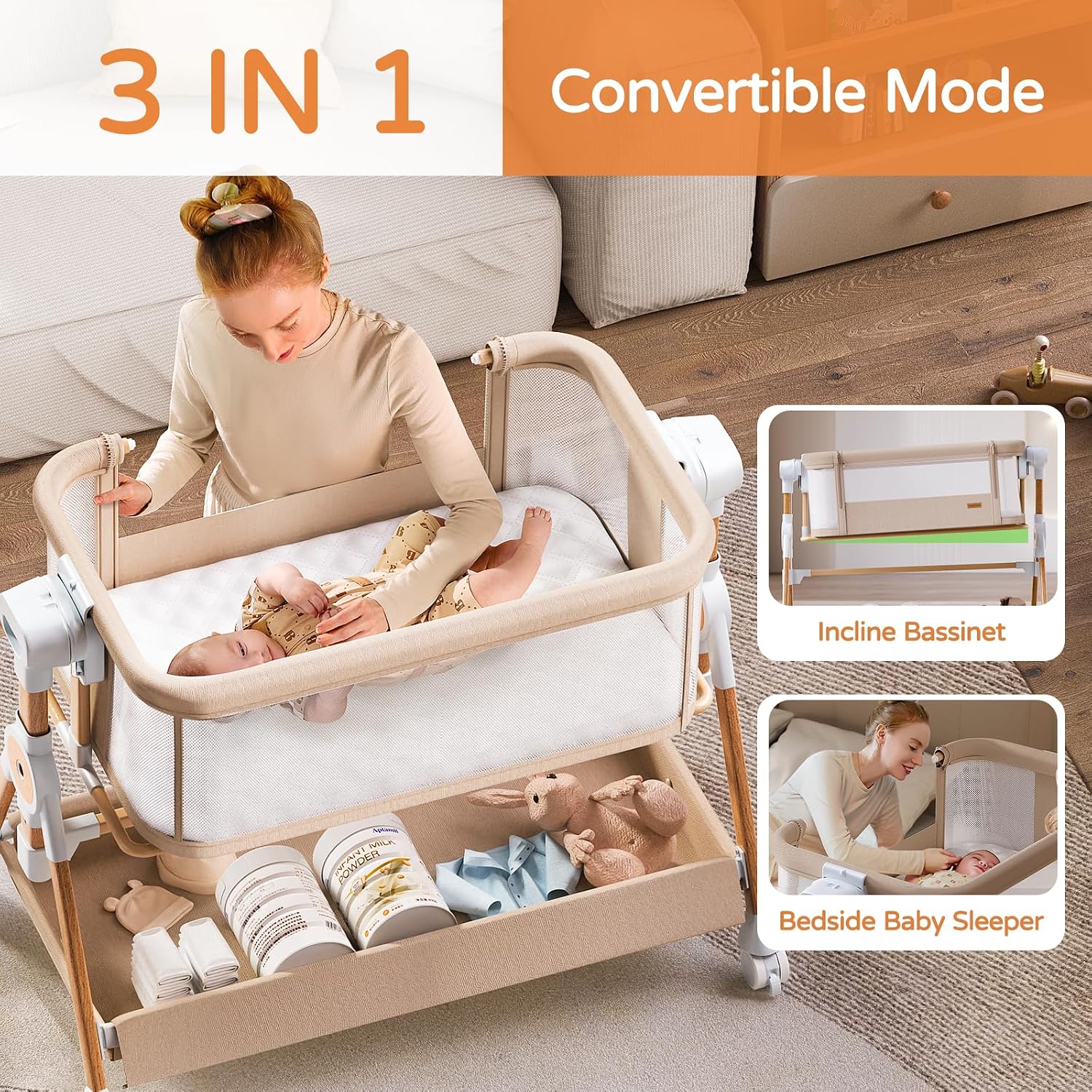 Thumbnail 3 de kingobabys HM-P601 3-in-1 Baby Bassinet, 6 Heights, Mesh Sides, Khaki