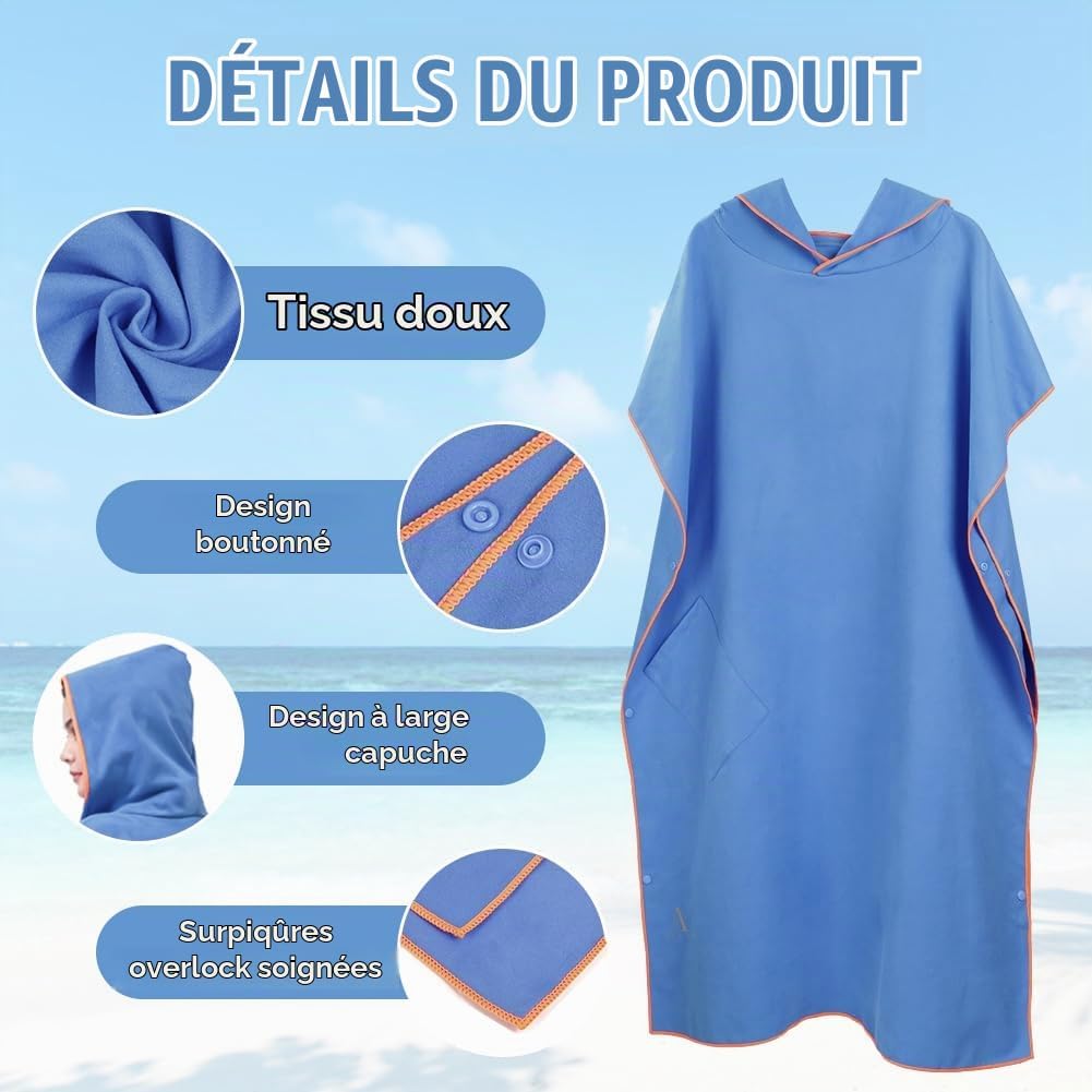 Thumbnail 2 de AUYAO microvezel surfponcho voor volwassenen, 107 x 80 cm, lichtblauw