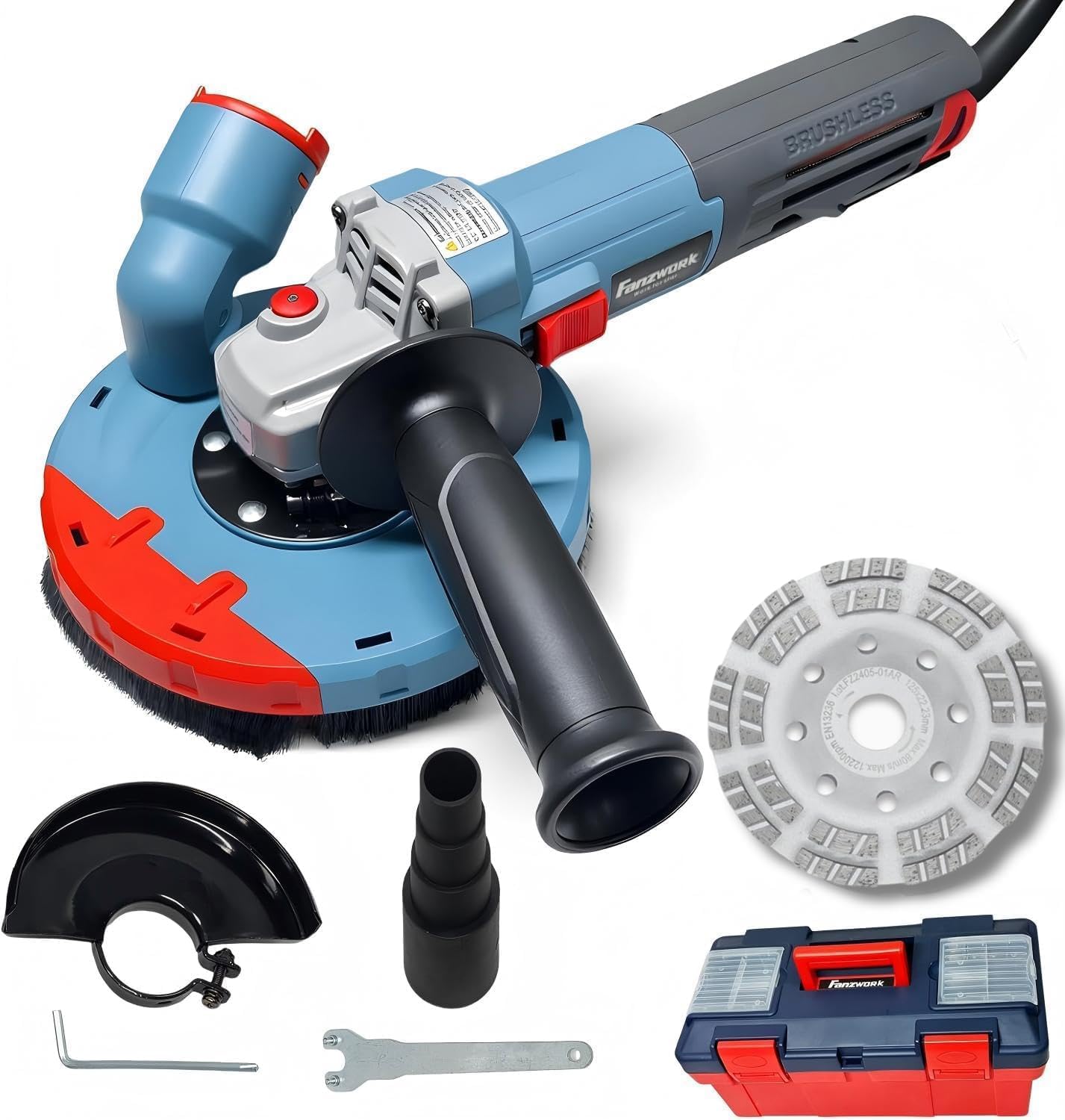 FANZWORK 1900W (MAX) Smerigliatrice per calcestruzzo con motore brushless EC – 125 mm, cuffia aspirazione e valigetta
