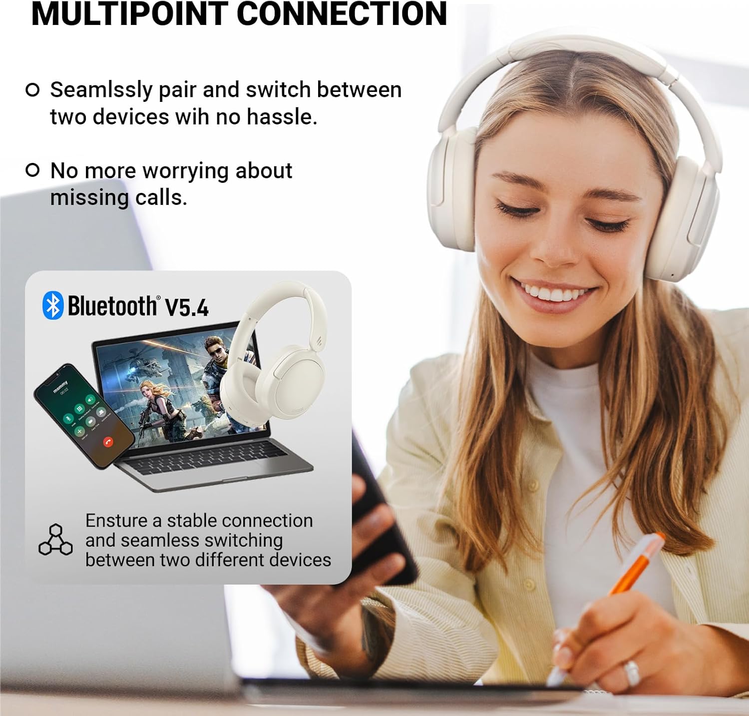 Detalle 2 de Edifier V80 Wireless Over-Ear Kopfhörer mit -44 dB ANC, Hi-Res (kabelgebunden), 45 Std. Akku und Bluetooth 5.4