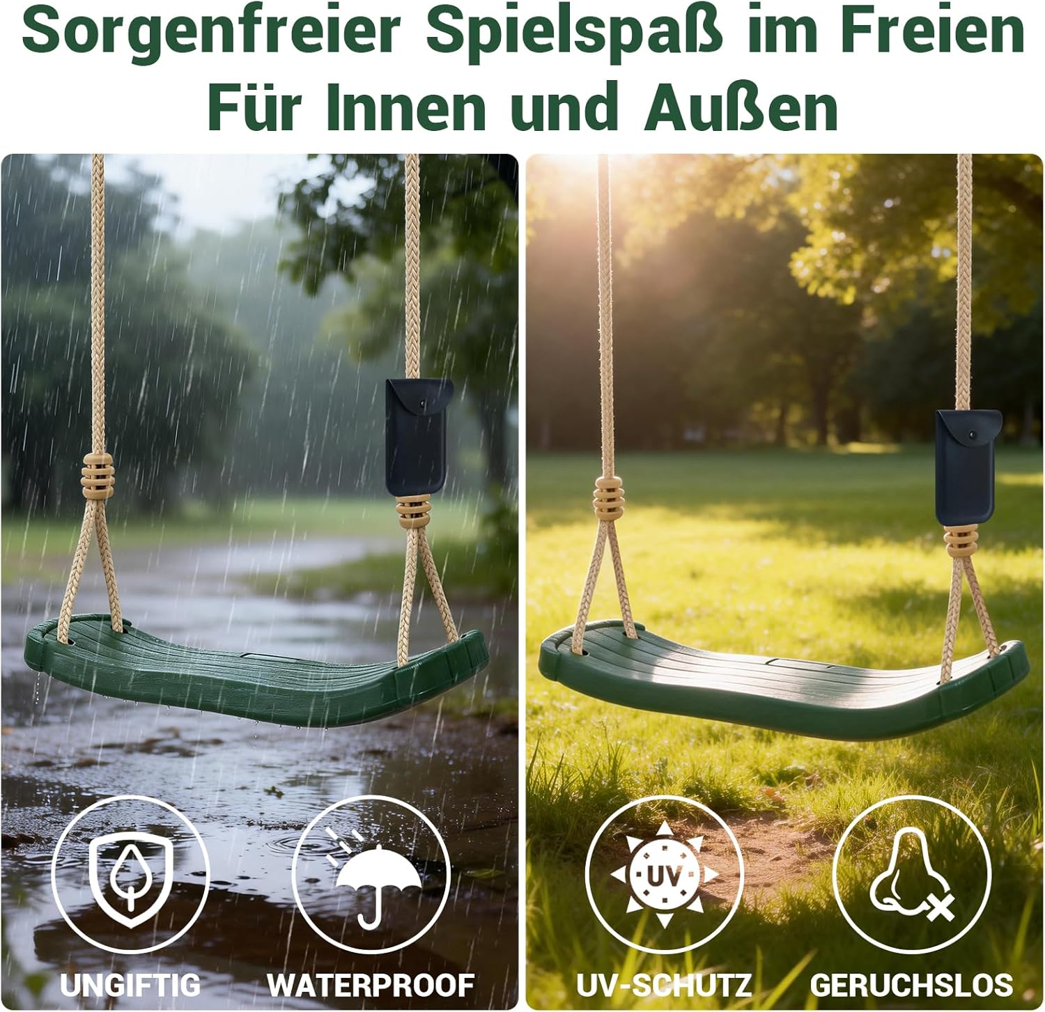 Detalle de Hryniiex Kinderschaukel Garten Outdoor – Grüne Brettschaukel aus robustem PE-Kunststoff, höhenverstellbar bis 180 cm, Belastbarkeit bis 120 kg