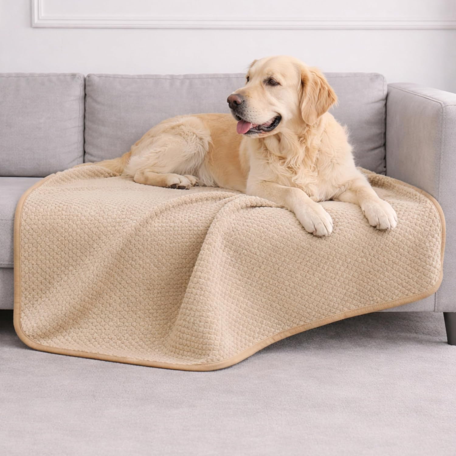 Detalle de Dreamzie wasserdichte Hundedecke (100x120 cm) für Bett, Auto & Outdoor – beidseitig & maschinenwaschbar, Sherpa-Fleece Beige