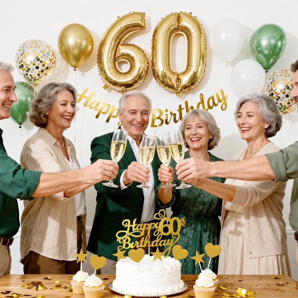 Detalle 1 de Alaoo 40-årsballonger i grönt och guld med banner och tårtdekorationer