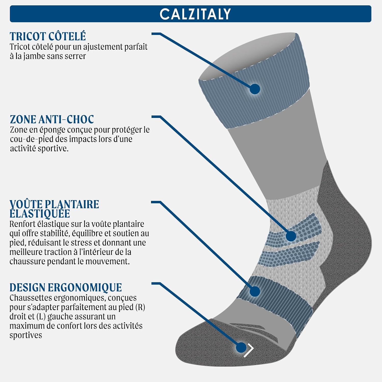 Detalle de CALZITALY PACK 1 2 3 PAIRES – Chaussettes de Trekking en laine mérinos, antiampoules, pour ski et randonnée